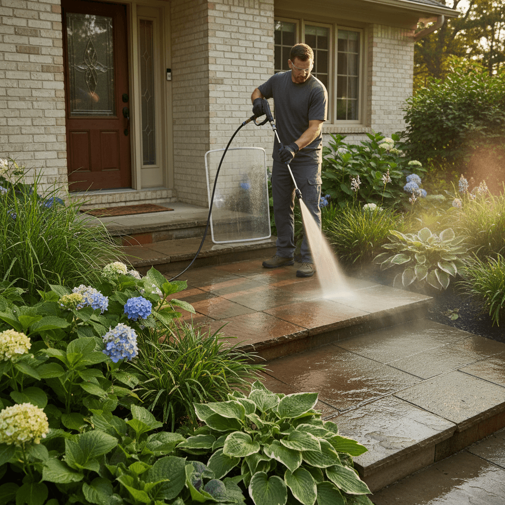 Pressure washing while protecting landscaping