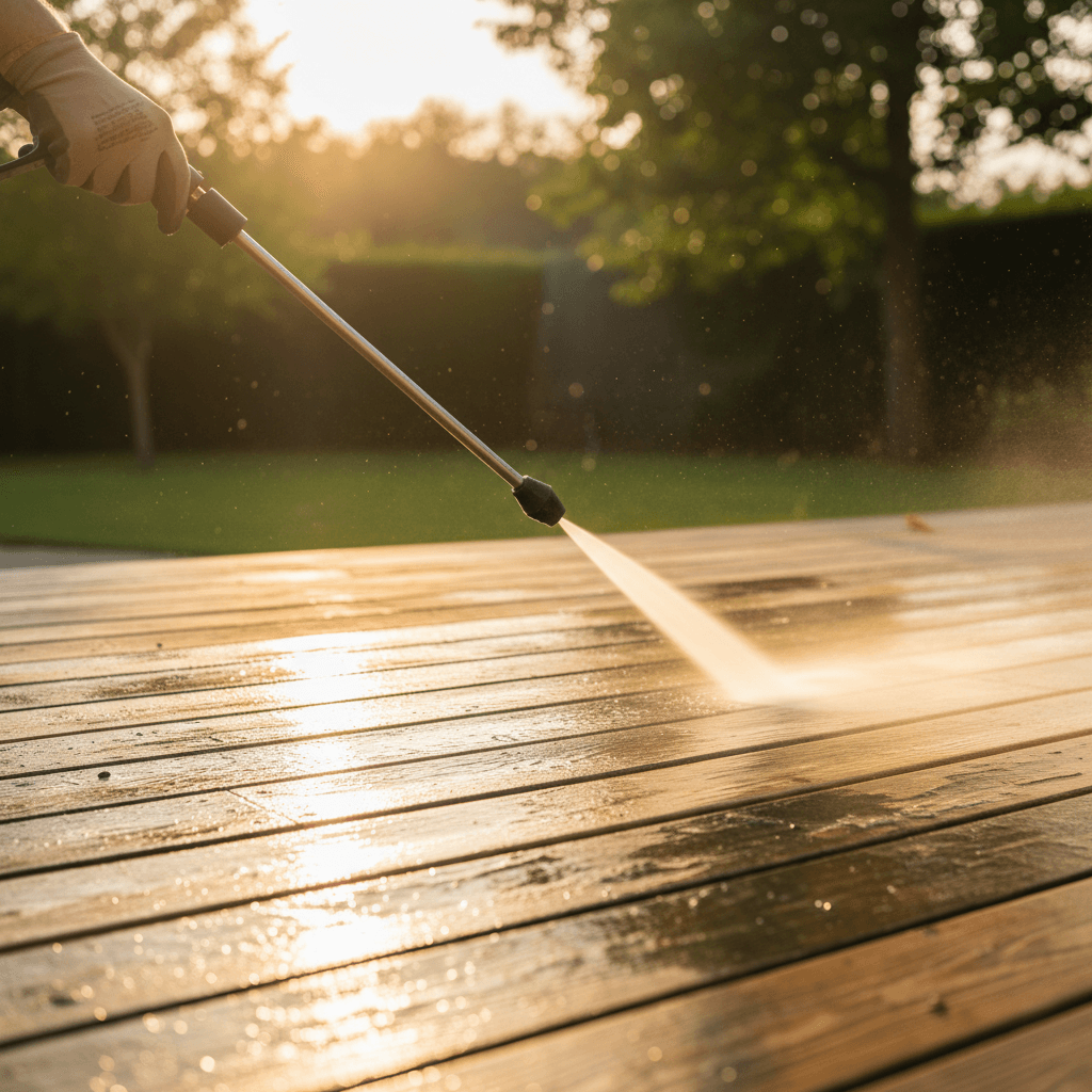 Cleaning a wooden deck with pressure washing