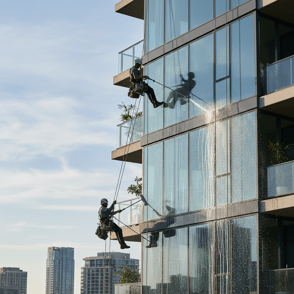 Exterior window cleaning in progress