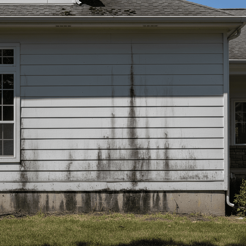 Home exterior showing algae and seasonal staining patterns