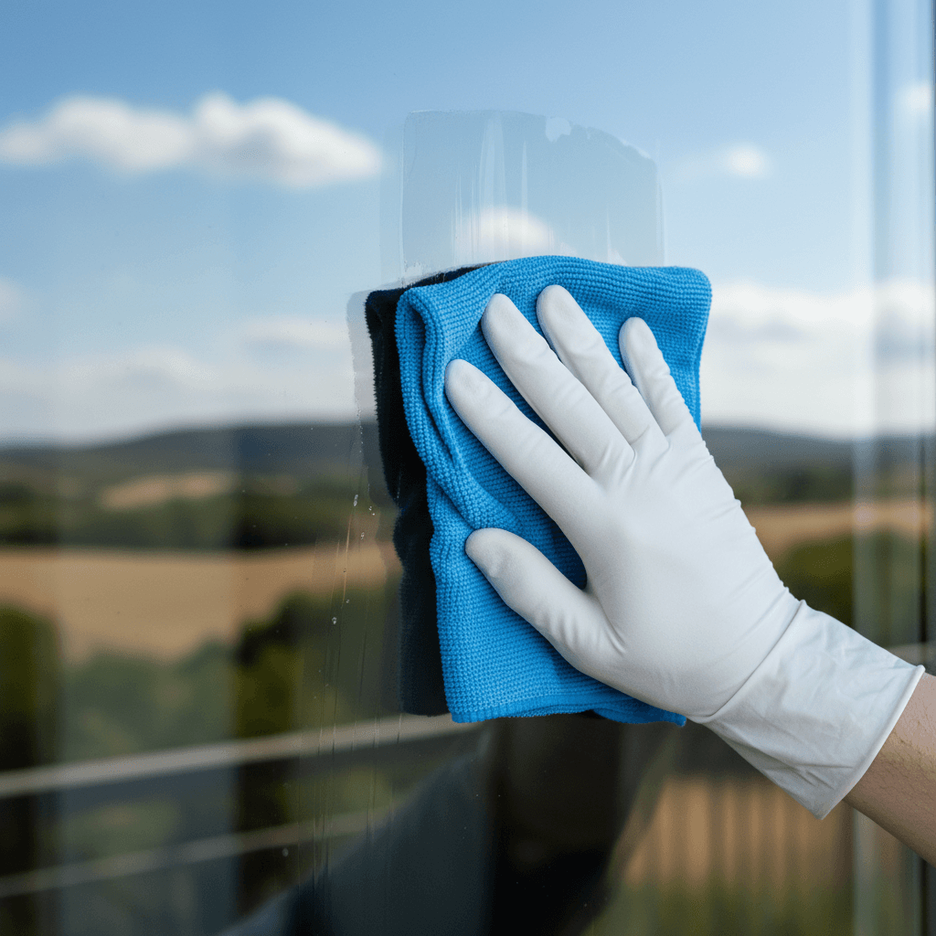 Close-up of hand wiping window pane to perfect clarity