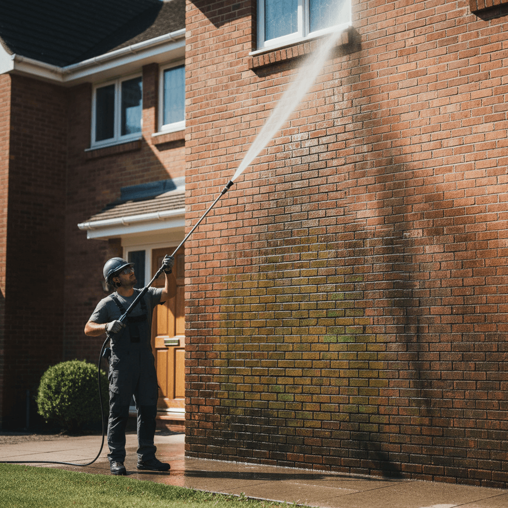 Pressure washing a home exterior wall