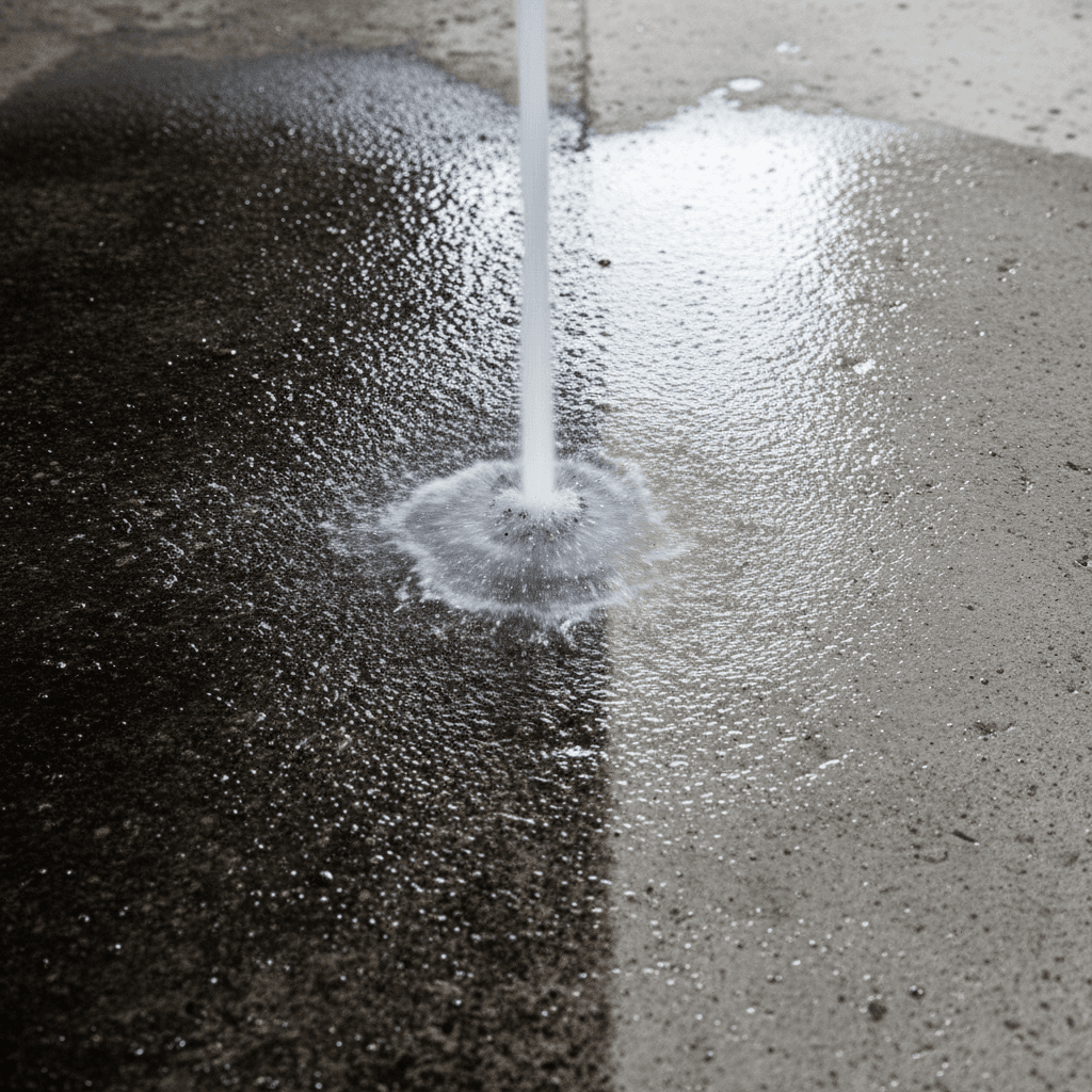 Close-up of pressure washing removing grime from concrete surface