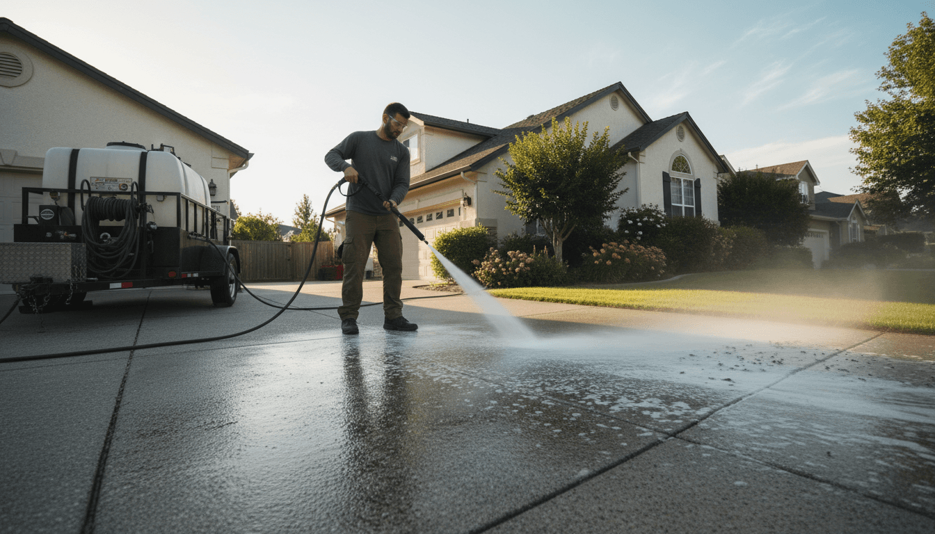 Professional pressure washing service in action on residential driveway