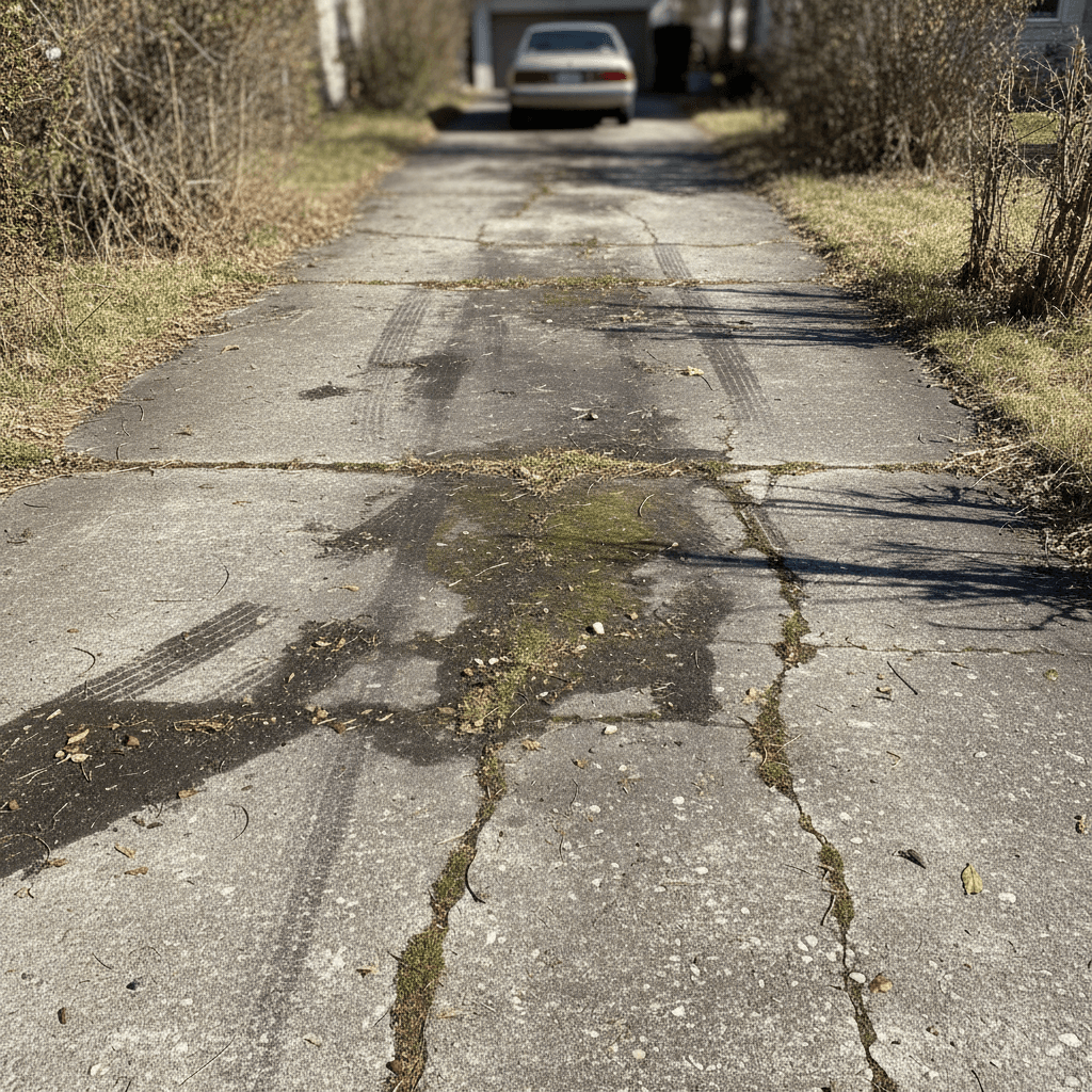 Driveway with oil stains and heavy grime