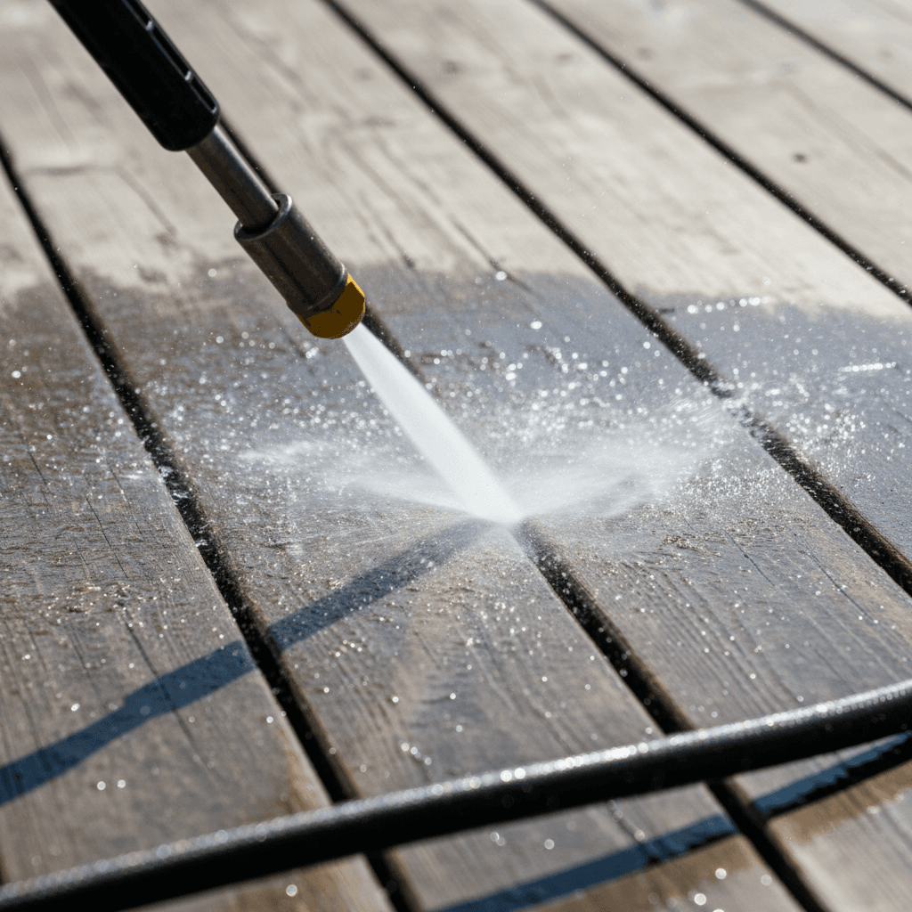 Pressure washer nozzle spraying water on wooden deck