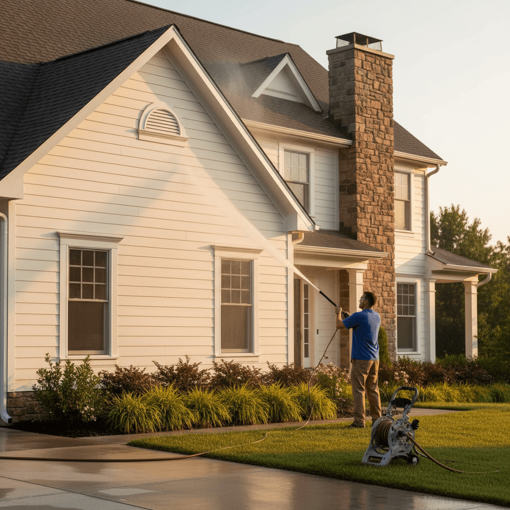 Professional exterior cleaning service in progress