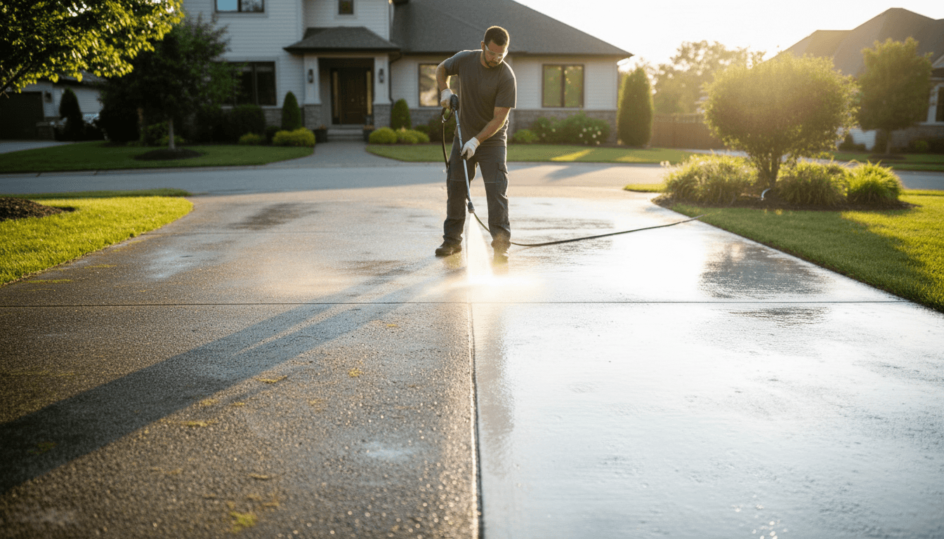 Professional pressure washing a residential driveway with visible before-and-after contrast