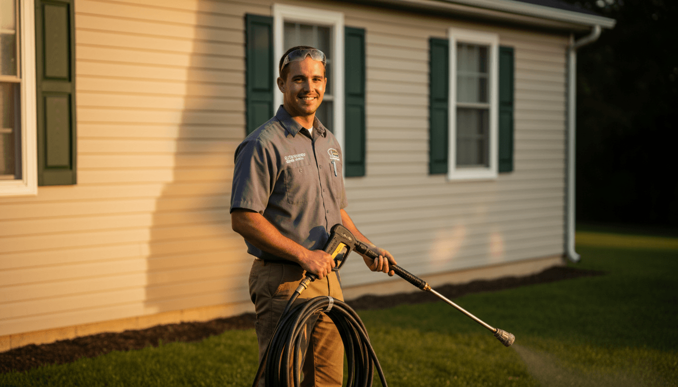 Tim Ashby with professional pressure washing equipment at a residential home