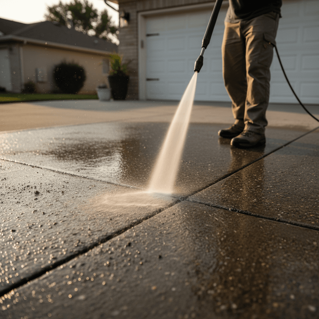 Pressure washing a concrete driveway