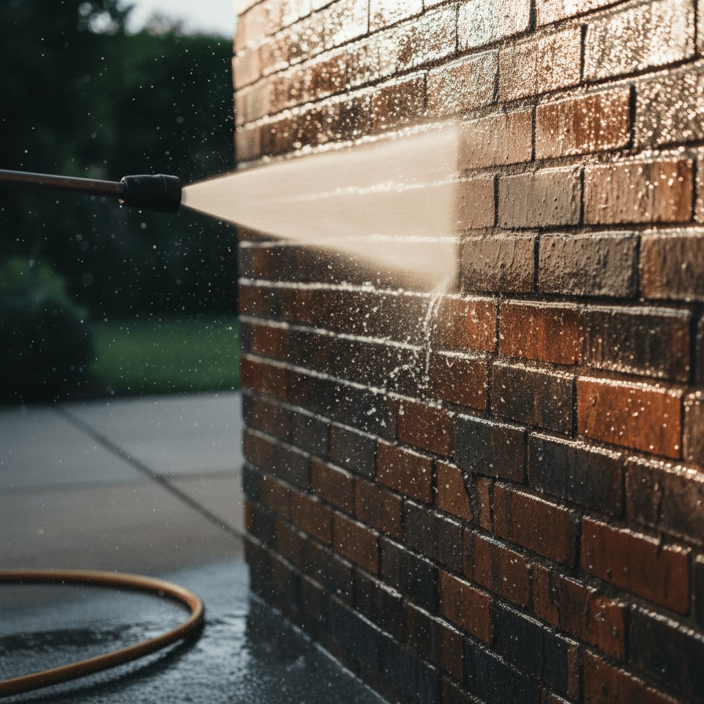 Pressure washer cleaning brick exterior