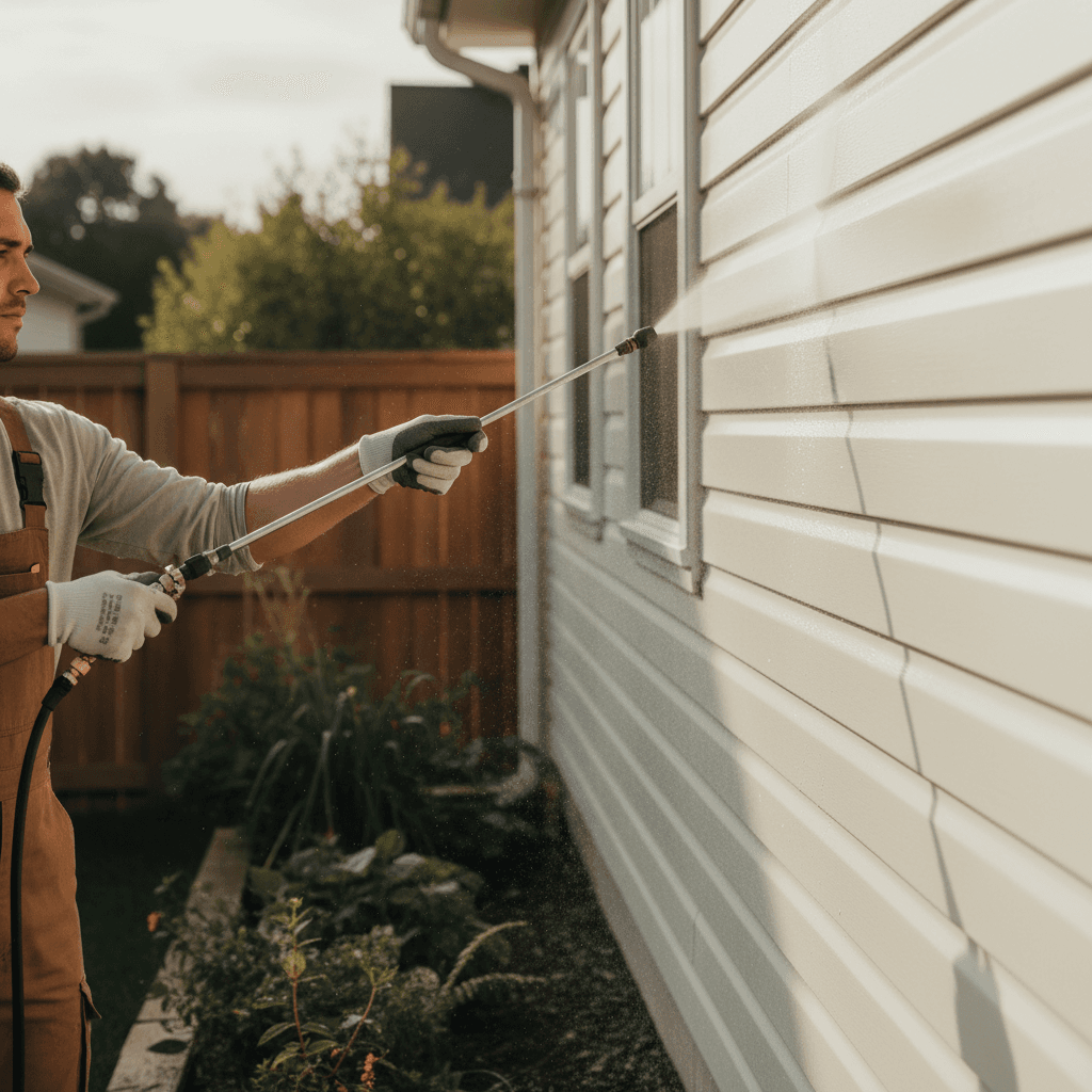 Technician soft washing home siding with low-pressure sprayer