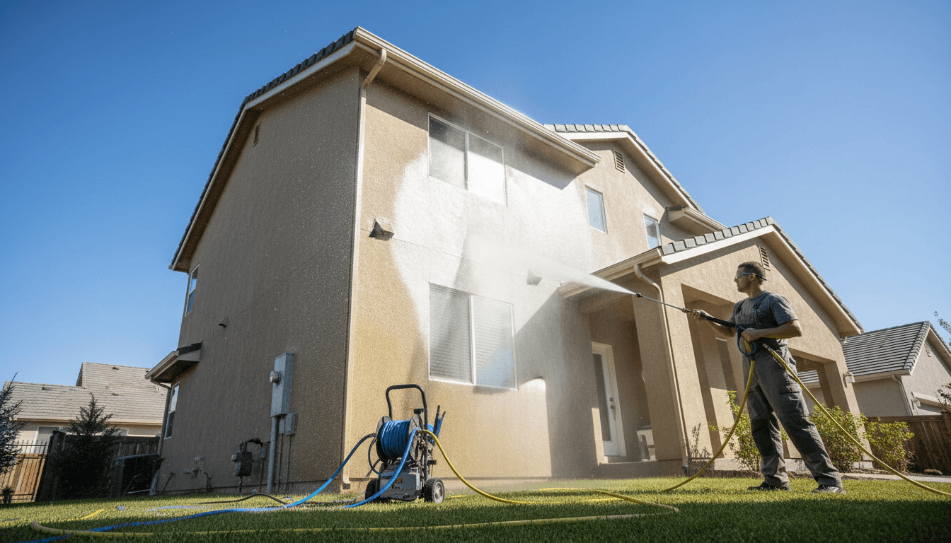 Professional pressure washing a residential home exterior, removing grime and stains