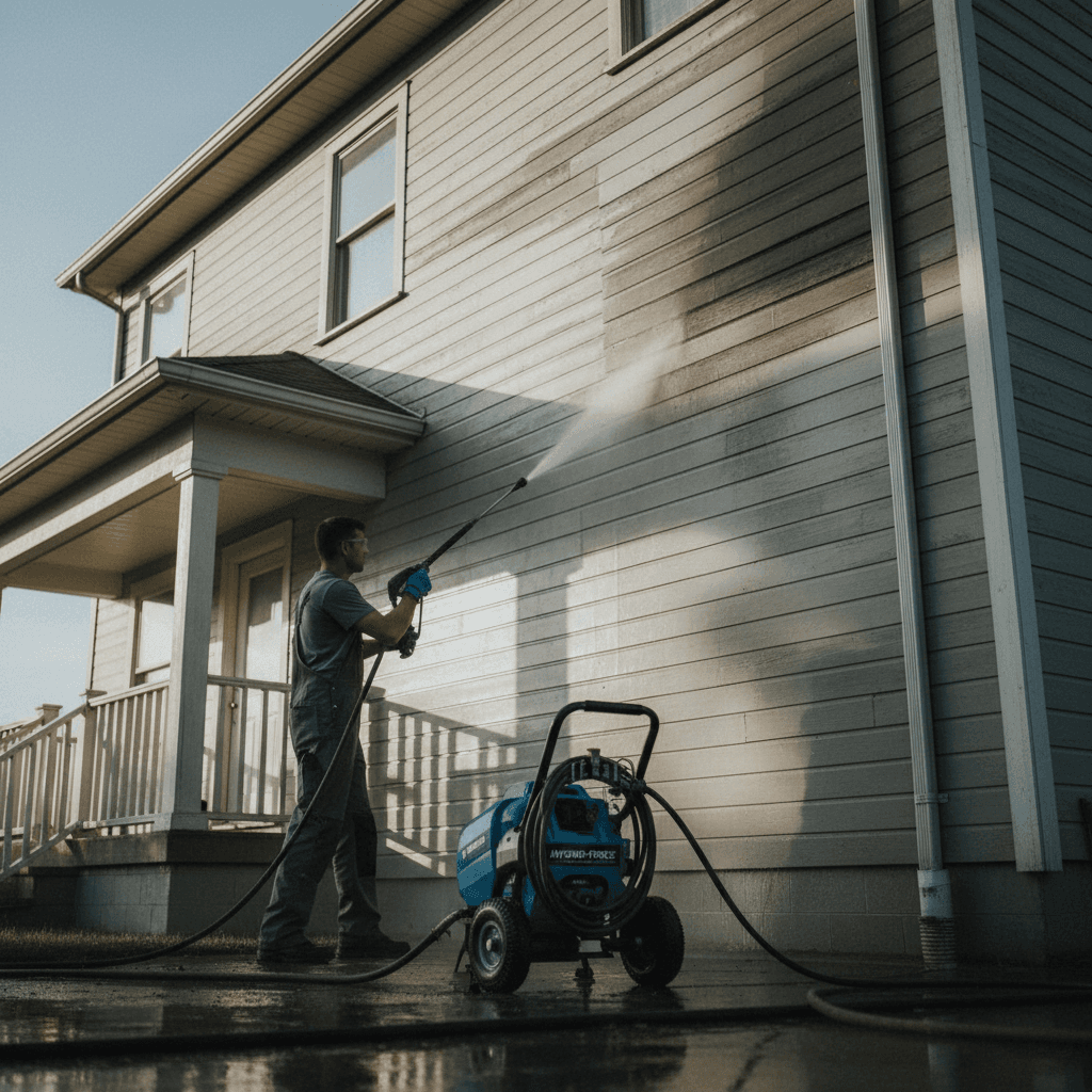 Professional pressure washing being applied to home exterior